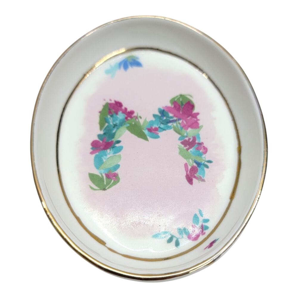 Anthropologie Kiana Mosley Floral Monogram Trinket Dish Letter M Gold Rim Rare